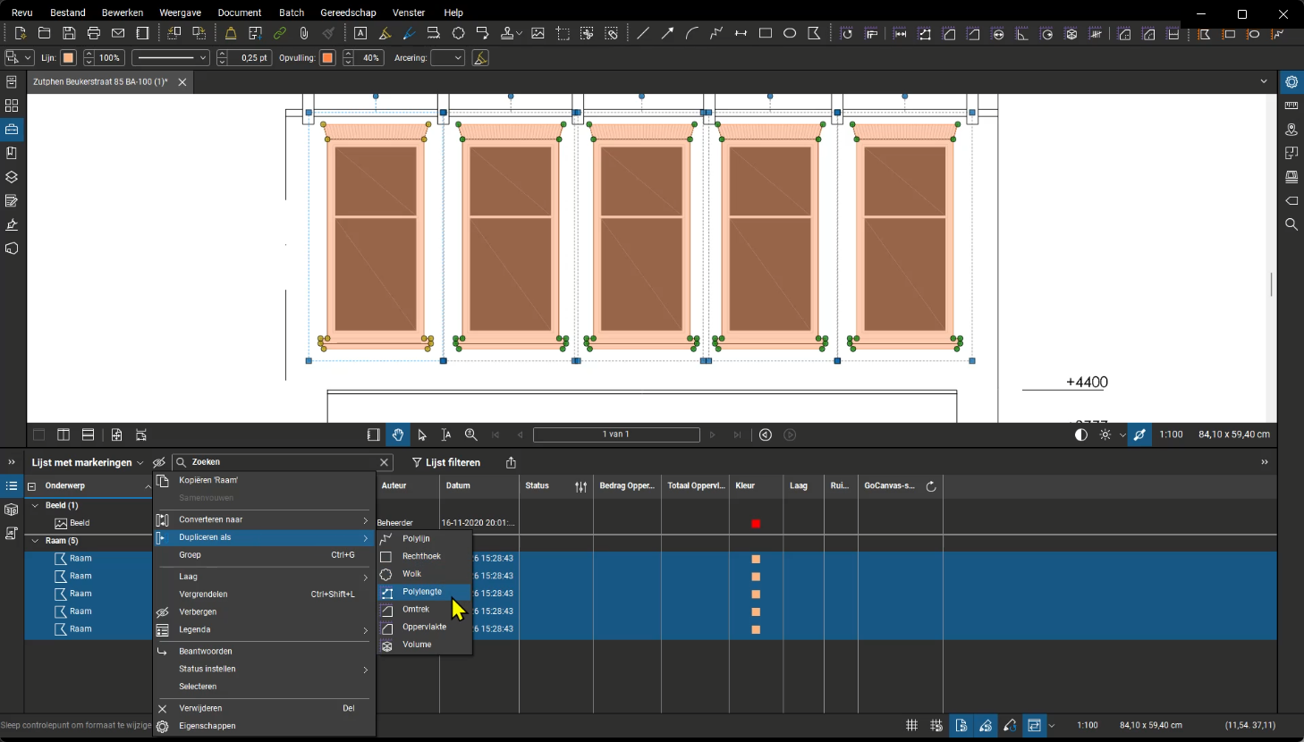 Bluebeam Revu: markeringen dupliceren als polylengte via de markeringslijst